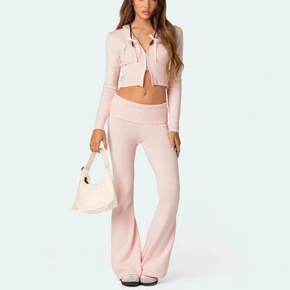 Women's knitted hooded suit with zipper cropped top and flared pants in solid colours