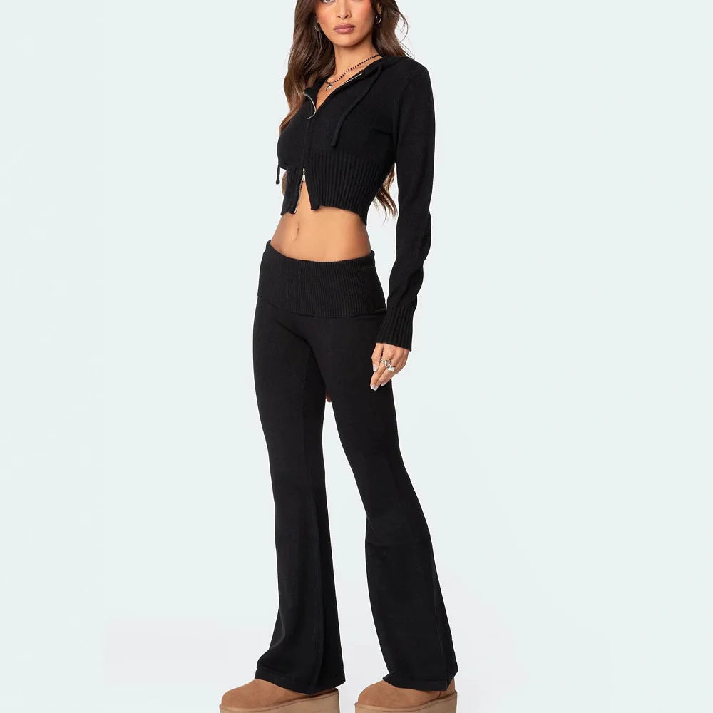 Women's knitted hooded suit with zipper cropped top and flared pants in solid colours