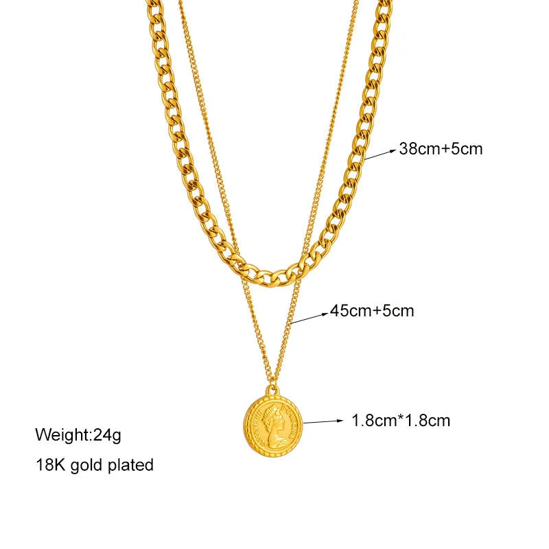 Geometric coin pendant necklace made of premium titanium steel, featuring a stylish and versatile design for women