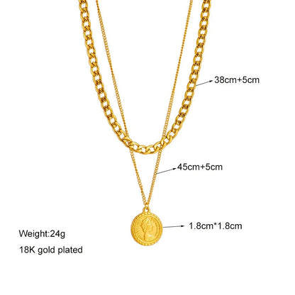 Geometric coin pendant necklace made of premium titanium steel, featuring a stylish and versatile design for women