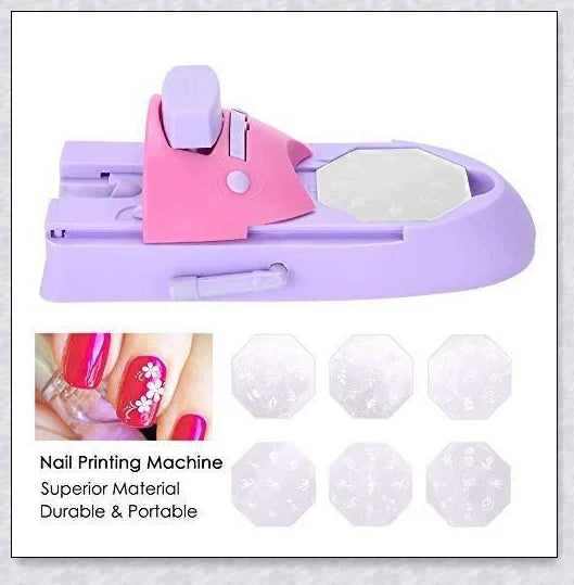 Portable nail art printing machine with various nail design patterns, perfect for creating salon-quality nail art at home