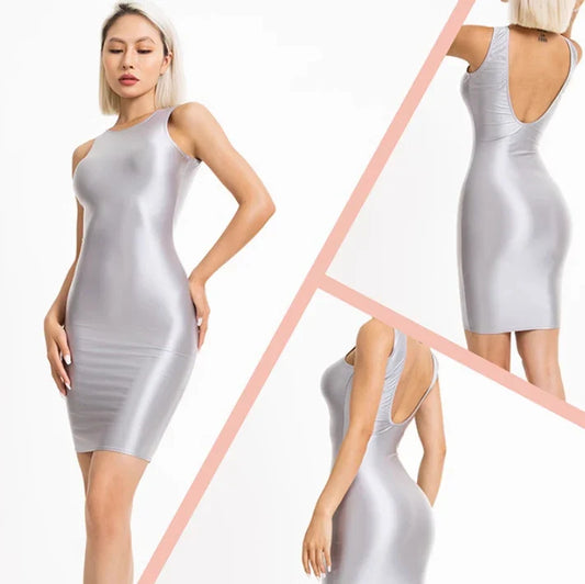 High-elastic, backless, slimming, and reflective dresses in black, light grey, and dark grey colours
