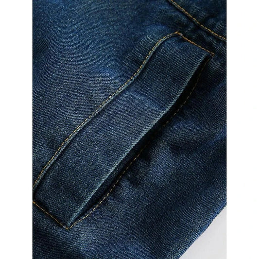 A stylish geometric denim coat with a single-breasted design, perfect for adding a touch of sophistication to your spring wardrobe.
