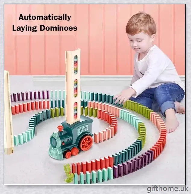 Automatic Domino Trains: Self-operating wooden toy that effortlessly deposits dominoes in a cascading row