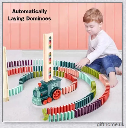 Automatic Domino Trains: Self-operating wooden toy that effortlessly deposits dominoes in a cascading row
