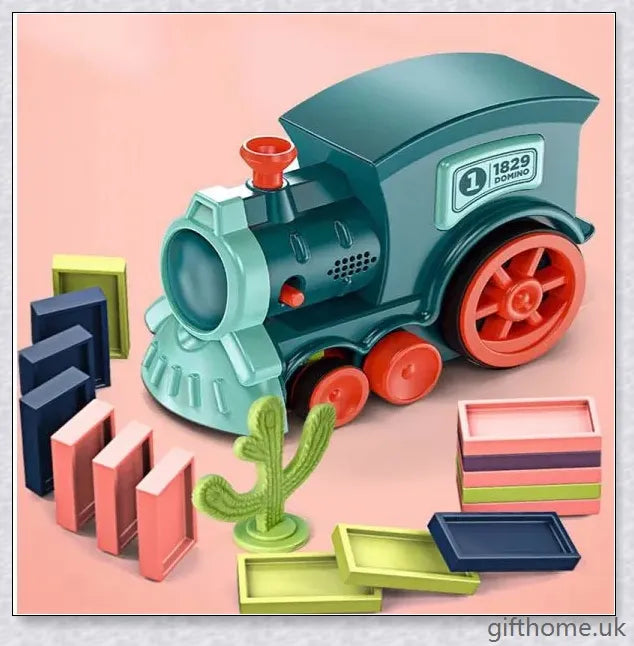 Automatic Domino Trains: Self-operating wooden toy that effortlessly deposits dominoes in a cascading row