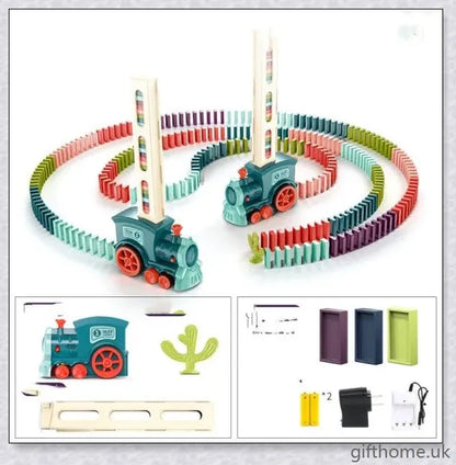 Automatic Domino Trains: Self-operating wooden toy that effortlessly deposits dominoes in a cascading row