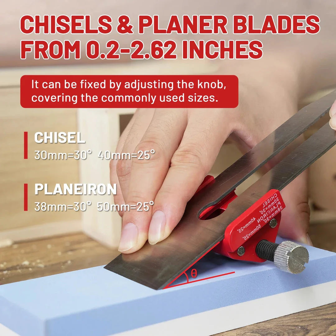 A precision honing guide for woodworking chisels and planer blades, featuring an adjustable design and durable construction for professional-grade sharpening results.