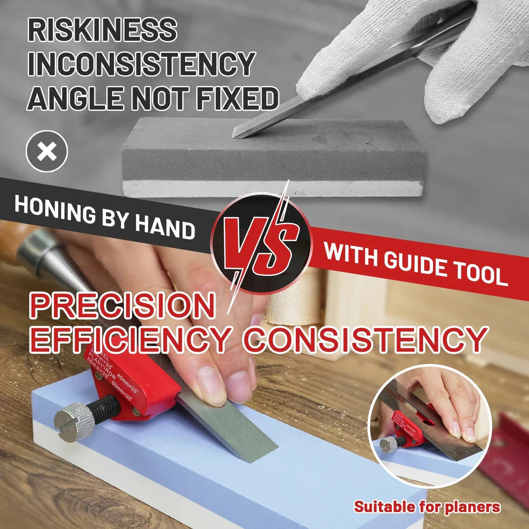 A precision honing guide for woodworking chisels and planer blades, featuring an adjustable design and durable construction for professional-grade sharpening results.