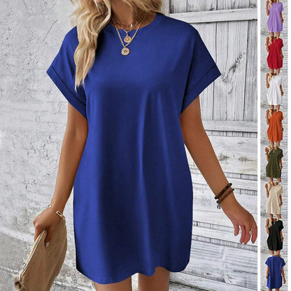 Trendha Loose Short Sleeve Dress with Pockets - Casual Solid Colour Round Neck Straight Dress for Women