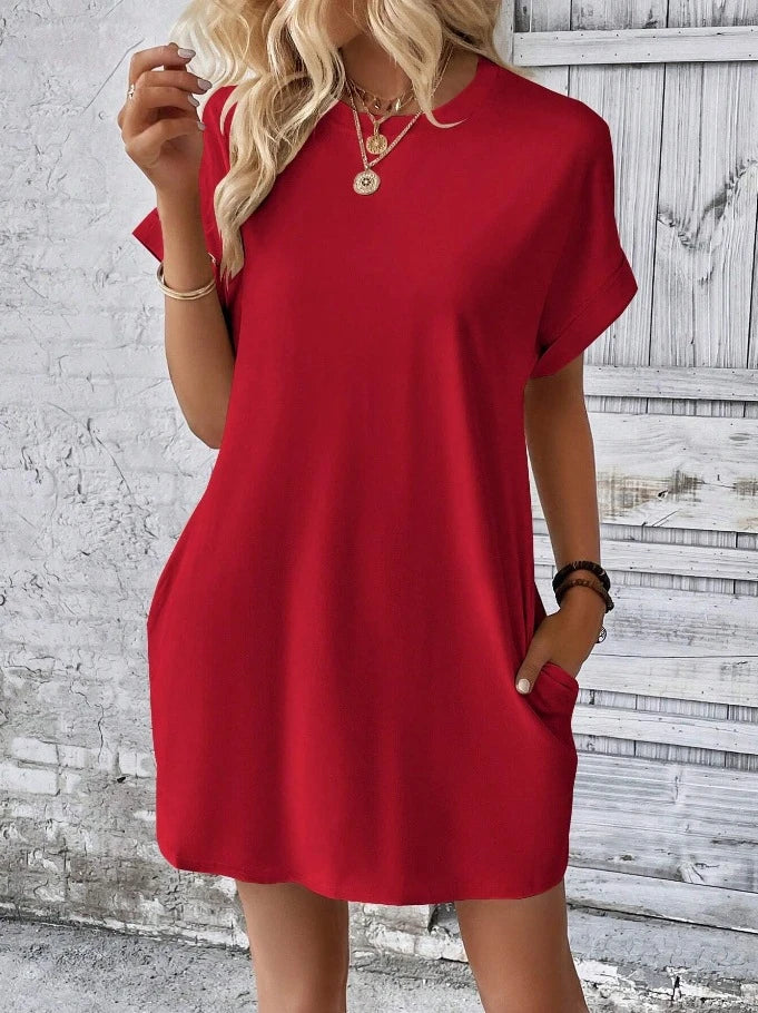 Trendha Loose Short Sleeve Dress with Pockets - Casual Solid Colour Round Neck Straight Dress for Women