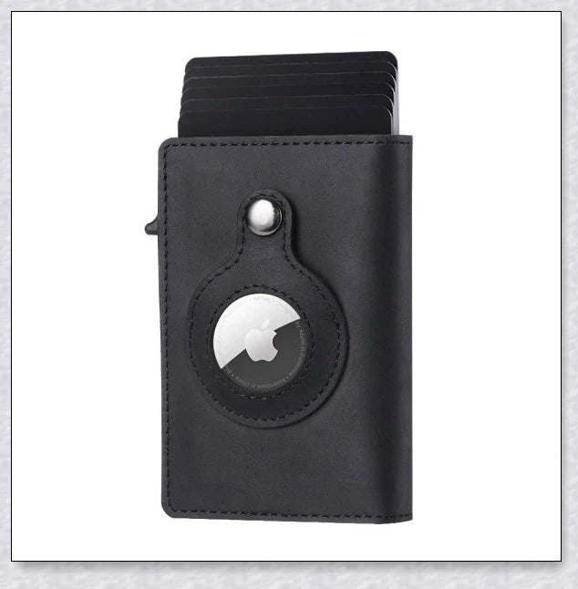A sleek and modern leather wallet with a built-in aluminium card holder and AirTag compatibility for secure storage and easy tracking.