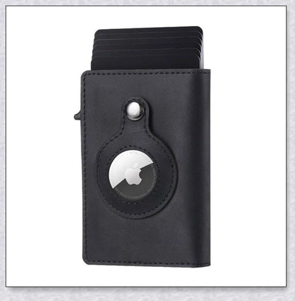 A sleek and modern leather wallet with a built-in aluminium card holder and AirTag compatibility for secure storage and easy tracking.