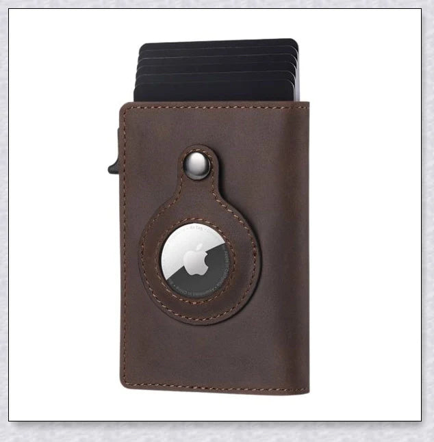 A sleek and modern leather wallet with a built-in aluminium card holder and AirTag compatibility for secure storage and easy tracking.