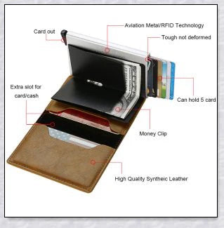 A sleek and modern leather wallet with a built-in aluminium card holder and AirTag compatibility for secure storage and easy tracking.
