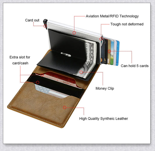 A sleek and modern leather wallet with a built-in aluminium card holder and AirTag compatibility for secure storage and easy tracking.