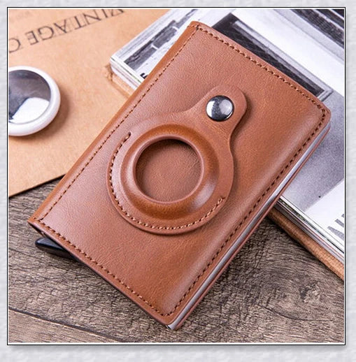 A sleek and modern leather wallet with a built-in aluminium card holder and AirTag compatibility for secure storage and easy tracking.