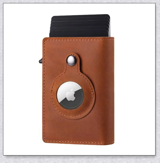 A sleek and modern leather wallet with a built-in aluminium card holder and AirTag compatibility for secure storage and easy tracking.