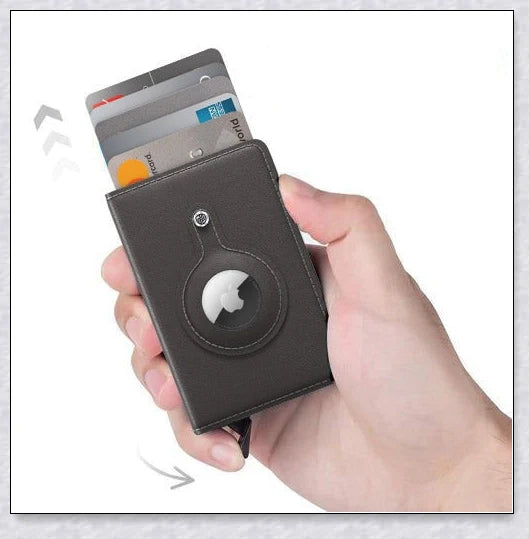A sleek and modern leather wallet with a built-in aluminium card holder and AirTag compatibility for secure storage and easy tracking.