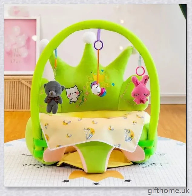 Premium plush baby chair with washable cover, supportive backrest, and vibrant detachable dolls for cognitive development
