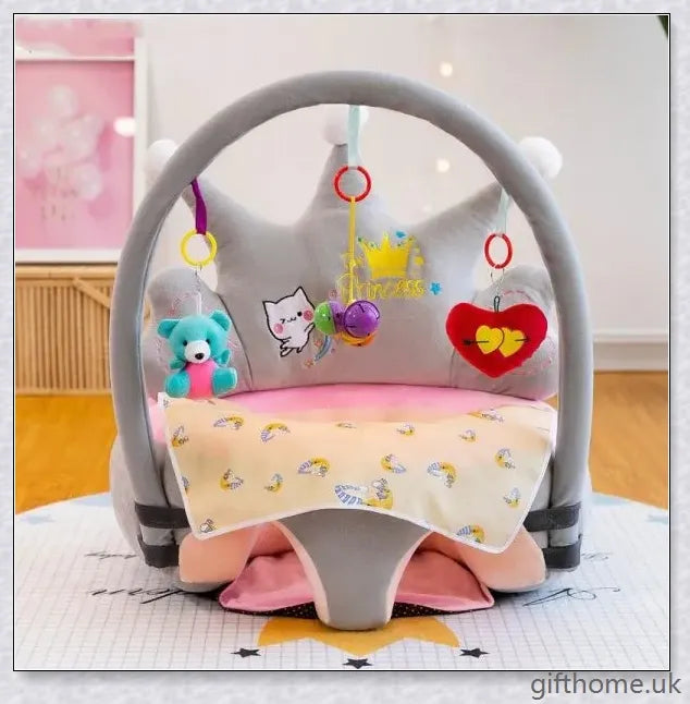 Premium plush baby chair with washable cover, supportive backrest, and vibrant detachable dolls for cognitive development