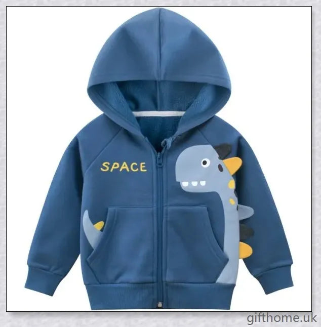 A cosy blue hoodie with a dinosaur design, perfect for young boys