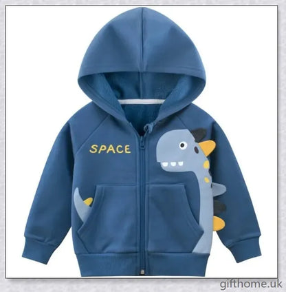 A cosy blue hoodie with a dinosaur design, perfect for young boys