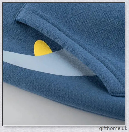 A cosy blue hoodie with a dinosaur design, perfect for young boys