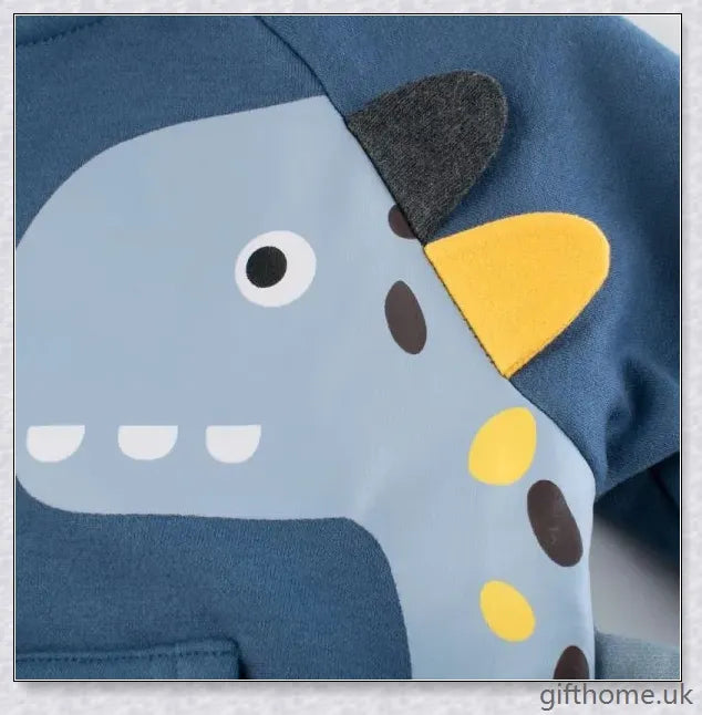 A cosy blue hoodie with a dinosaur design, perfect for young boys