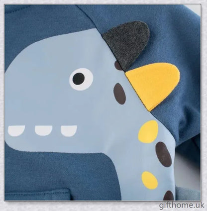 A cosy blue hoodie with a dinosaur design, perfect for young boys