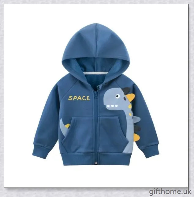 A cosy blue hoodie with a dinosaur design, perfect for young boys