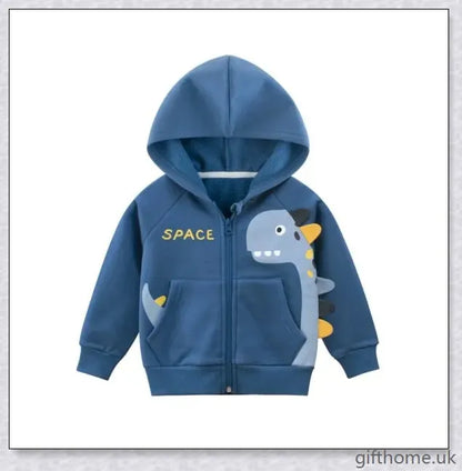 A cosy blue hoodie with a dinosaur design, perfect for young boys