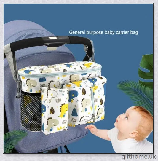Premium baby stroller organiser in various colours, featuring adjustable handle and multiple storage compartments for baby essentials