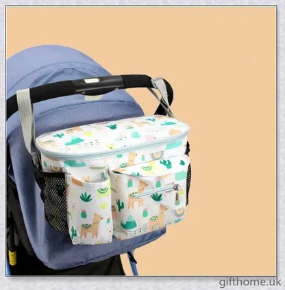 Premium baby stroller organiser in various colours, featuring adjustable handle and multiple storage compartments for baby essentials