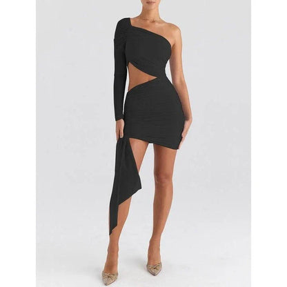 Chic backless mini dress with mesh overlay, showcasing a unique inclined shoulder design and flattering silhouette