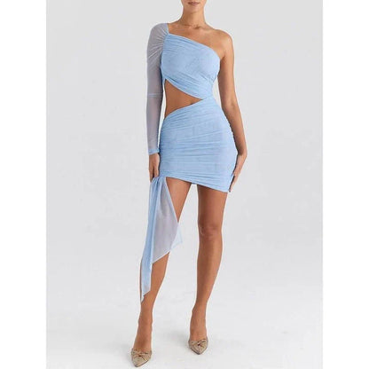 Chic backless mini dress with mesh overlay, showcasing a unique inclined shoulder design and flattering silhouette
