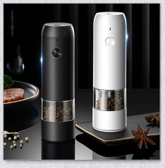 Rechargeable electric pepper and salt grinder set with adjustable coarseness and gravity-sensing mechanism