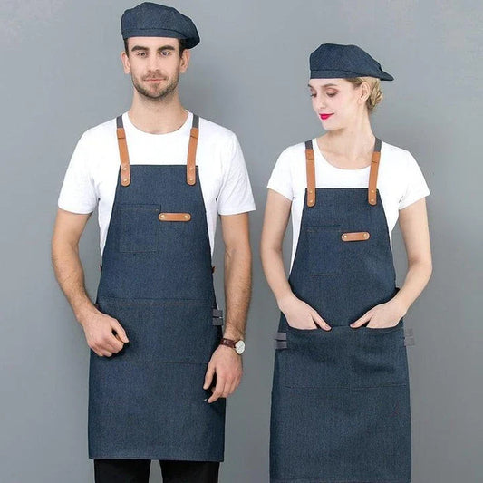 A long denim apron with a matching cooking hat, designed to provide a professional and stylish look for home cooking and baking enthusiasts.
