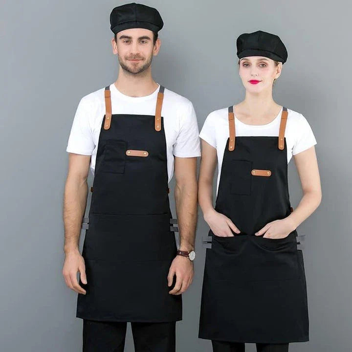 A long denim apron with a matching cooking hat, designed to provide a professional and stylish look for home cooking and baking enthusiasts.