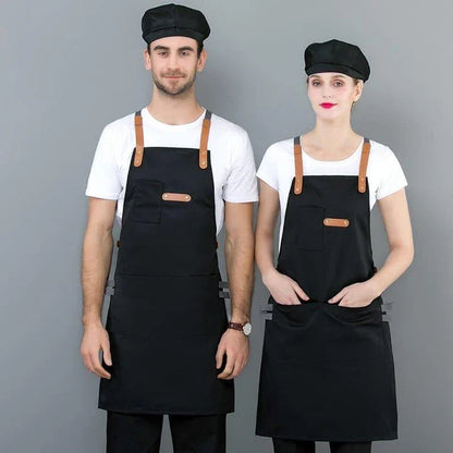 A long denim apron with a matching cooking hat, designed to provide a professional and stylish look for home cooking and baking enthusiasts.