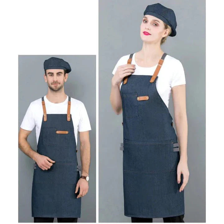 A long denim apron with a matching cooking hat, designed to provide a professional and stylish look for home cooking and baking enthusiasts.