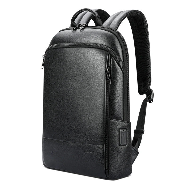 A high-quality genuine leather backpack with a sleek, sophisticated design, perfect for the discerning gentleman