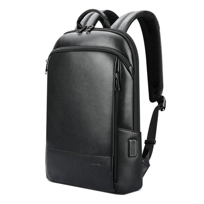 A high-quality genuine leather backpack with a sleek, sophisticated design, perfect for the discerning gentleman