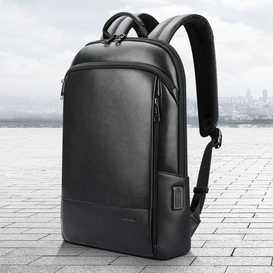 A high-quality genuine leather backpack with a sleek, sophisticated design, perfect for the discerning gentleman