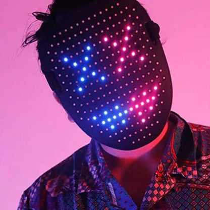 LED mask with 50 lighting patterns for Halloween and cosplay, featuring gesture-sensing technology and durable plastic construction