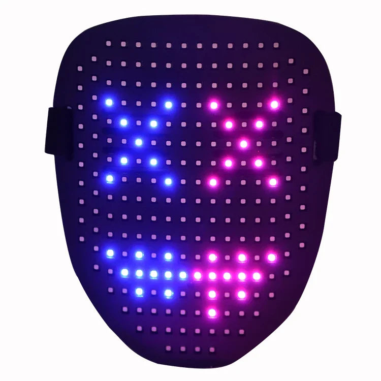 LED mask with 50 lighting patterns for Halloween and cosplay, featuring gesture-sensing technology and durable plastic construction