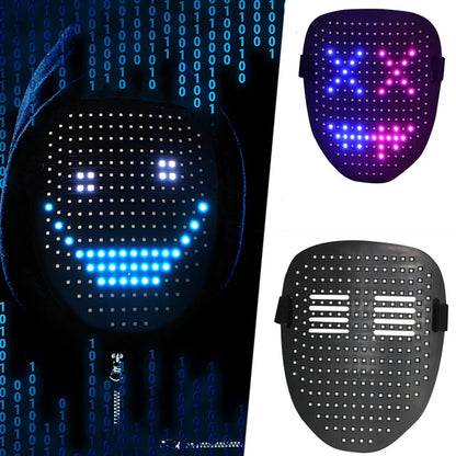LED mask with 50 lighting patterns for Halloween and cosplay, featuring gesture-sensing technology and durable plastic construction