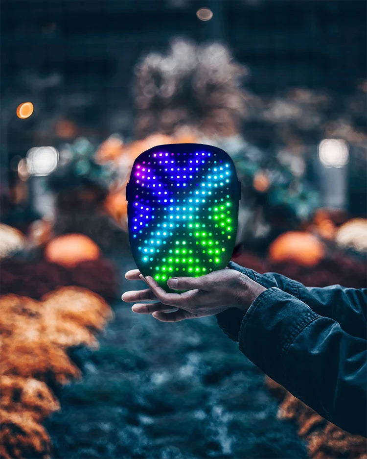 LED mask with 50 lighting patterns for Halloween and cosplay, featuring gesture-sensing technology and durable plastic construction