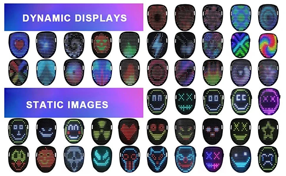 LED mask with 50 lighting patterns for Halloween and cosplay, featuring gesture-sensing technology and durable plastic construction