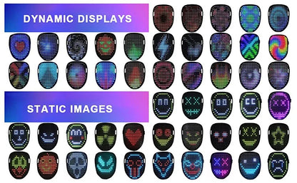 LED mask with 50 lighting patterns for Halloween and cosplay, featuring gesture-sensing technology and durable plastic construction